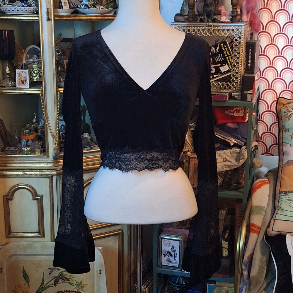 Elegant Black Lace Trim Crop Top With Huge Bell Sleeves, Never Worn, Medium